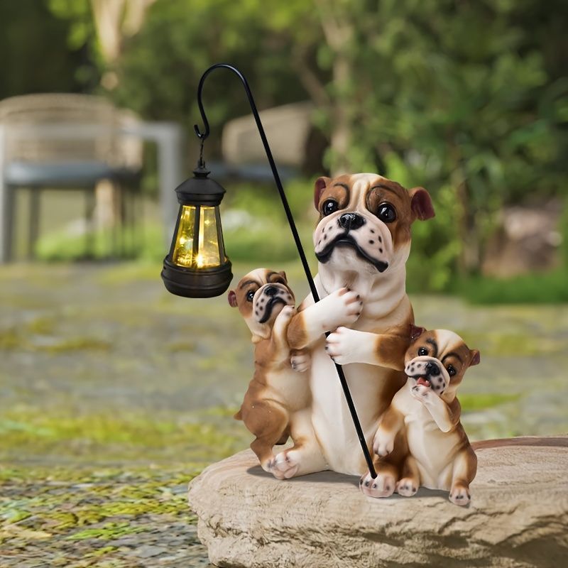 犬の置物 オブジェ 樹脂製 ソーラーランタン付き 庭園の装飾 屋外の庭