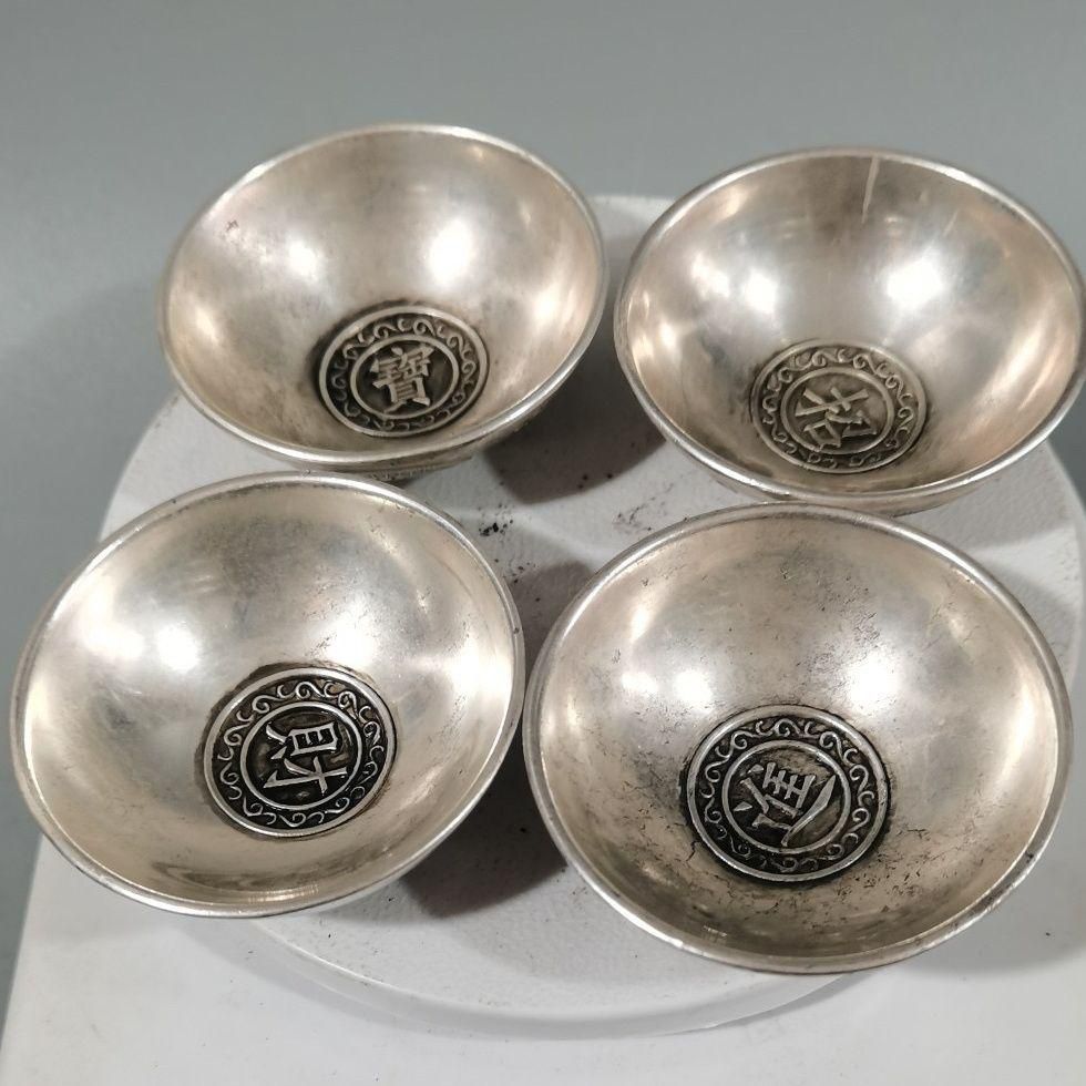 銅製 浮彫 日進斗金 招財進宝 銅杯 小碗4つ 装飾品 工芸品 美術品 銅器 浮彫 招財進宝 日進斗金 銅碗 4点 工芸品 美術品 置物