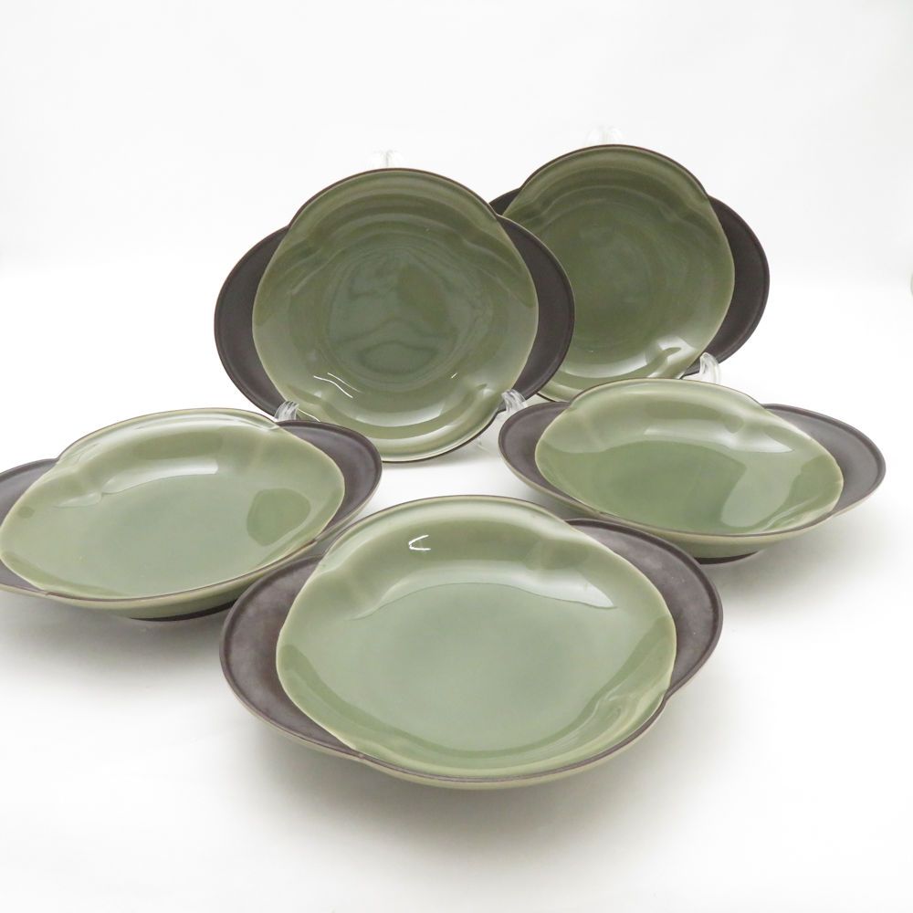 美品 Fukagawa Seiji 深川製磁 百年庵 茶灰釉 和皿揃 皿 5枚 プレート  