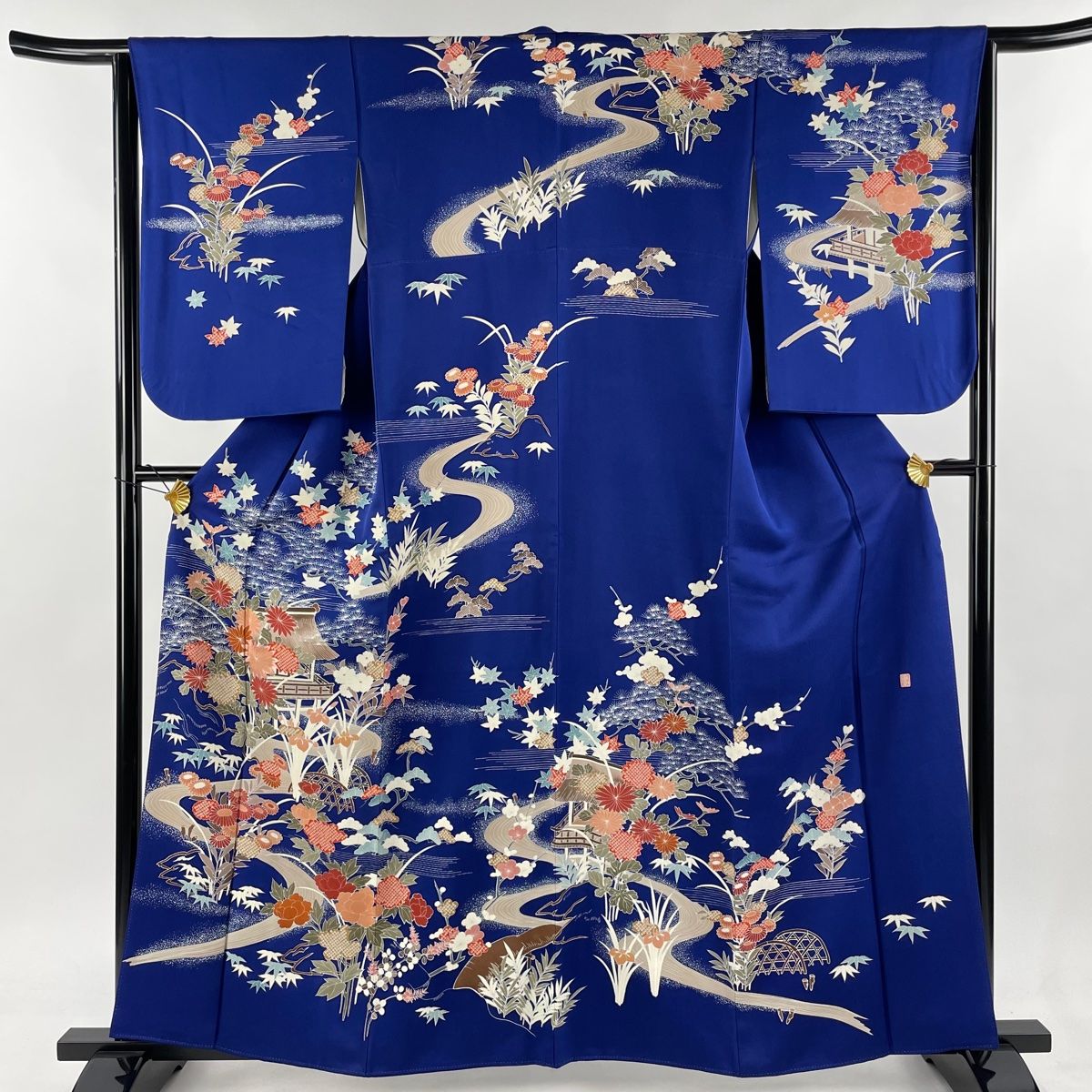 訪問着 身丈160.5cm 裄丈64.5cm M 袷 落款 建物 松竹梅 青 正絹 秀品  