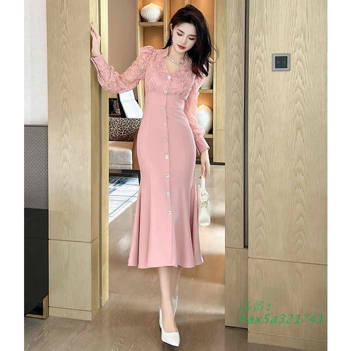 長袖レーストップ ハイウエスト切り替え ミモレワンピース ピンク おしゃれ きれいめ 韓国 スナック キャバ 服 hax5a321741