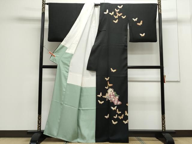 平和屋着物●十日町　加賀草木友禅の第一人者　田村哲彦　訪問着　童子藤舞蝶文　暈し染め　黒地　正絹　逸品　CAAS9250th 平和屋着物○十日町 加賀草木友禅の第一人者 田村哲彦 訪問着 童子藤舞