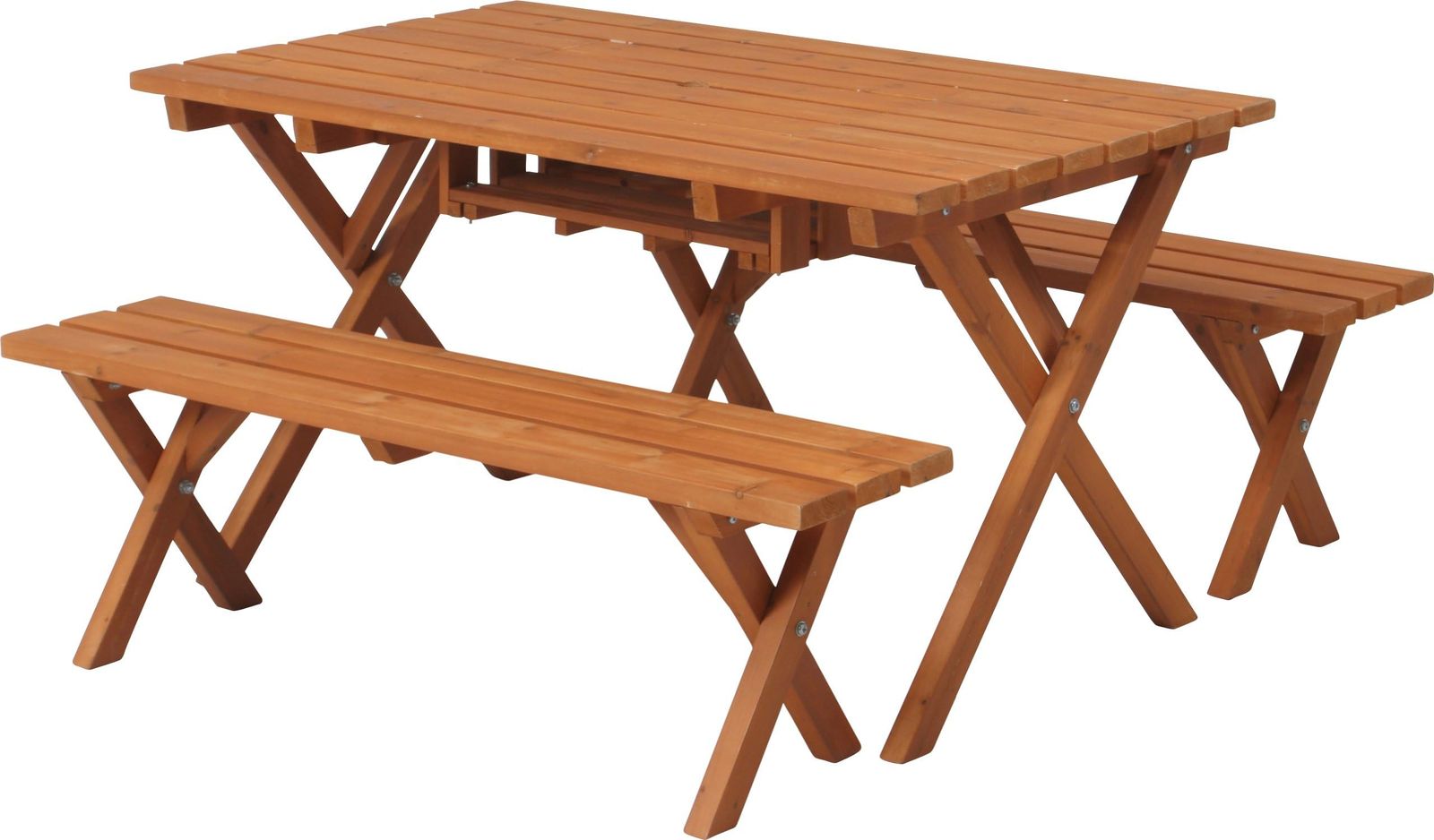 商品 不二貿易 ガーデンテーブルセット BBQテーブル-ベンチセット 幅120×奥行72×高さ65.5cm オレンジ 4人用 コンロスペース付き パラソルホール付き 杉材 81761