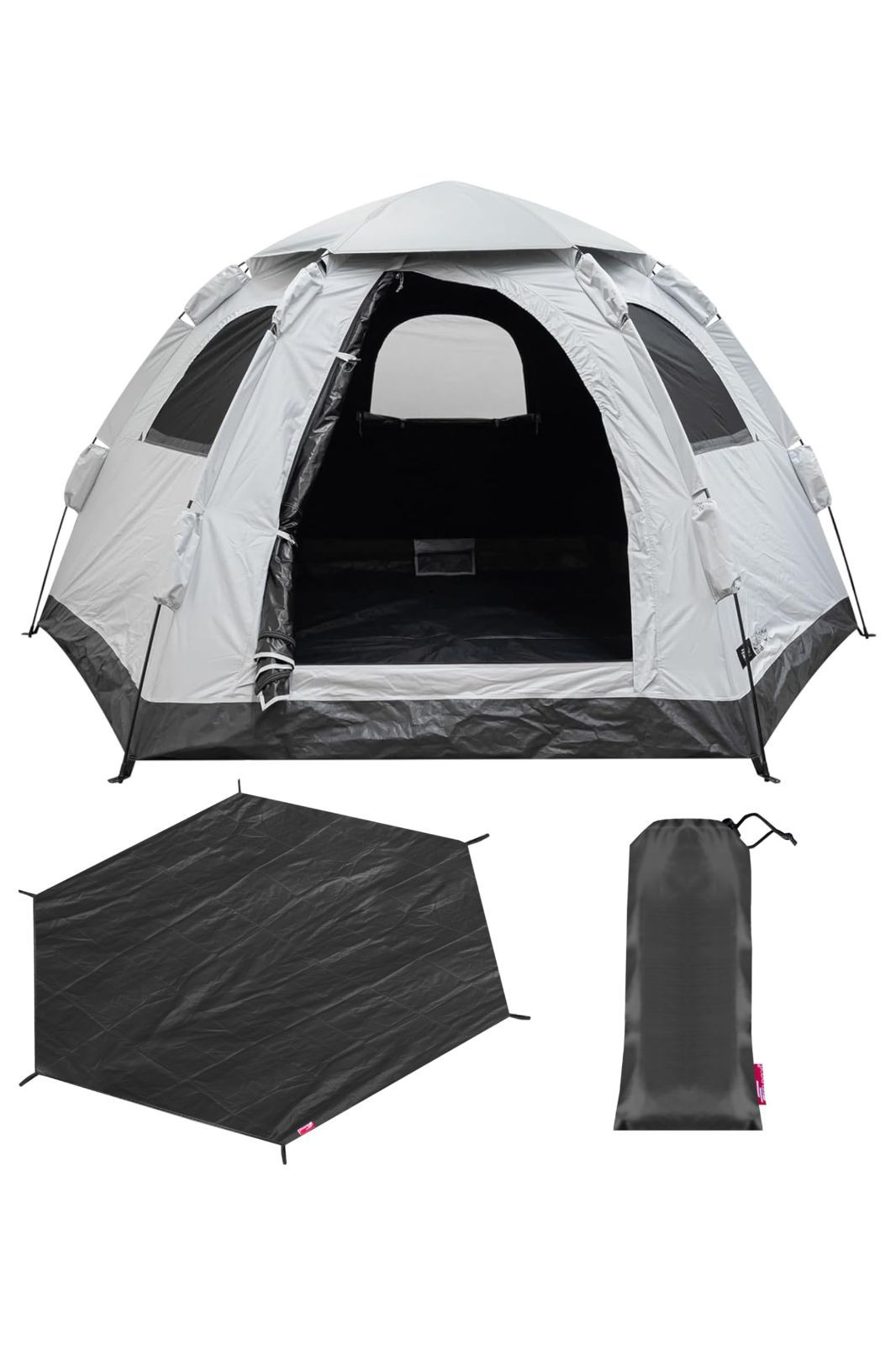 完全遮光 ワンタッチ テント ヘキサゴン型 306cm×260cm 収納バッグ付き 5人用 PUコーティング スクエア 簡単 遮熱 UVカット 耐水圧16 000mm ドーム 軽量 グラスファイバー フルクローズ キャンプ 大型日差し ダブルファスナー