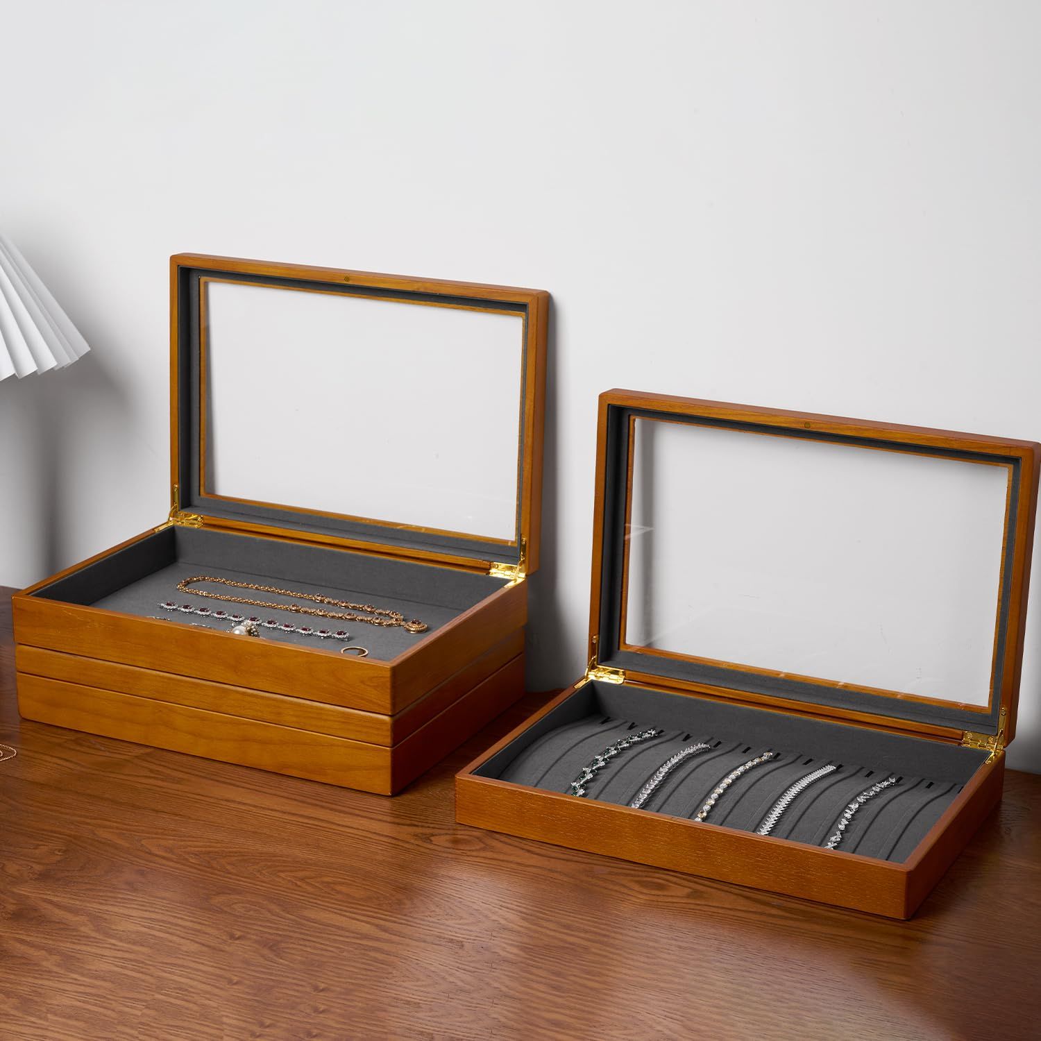 Oirlv ジュエリートレイ 蓋付き 12区画 木製 ジュエリーボックス 大容量 指輪 ネックレス バングル ディスプレイ 収納 透明 おしゃれ 適格請求書に対応 X02408 ダークグレー