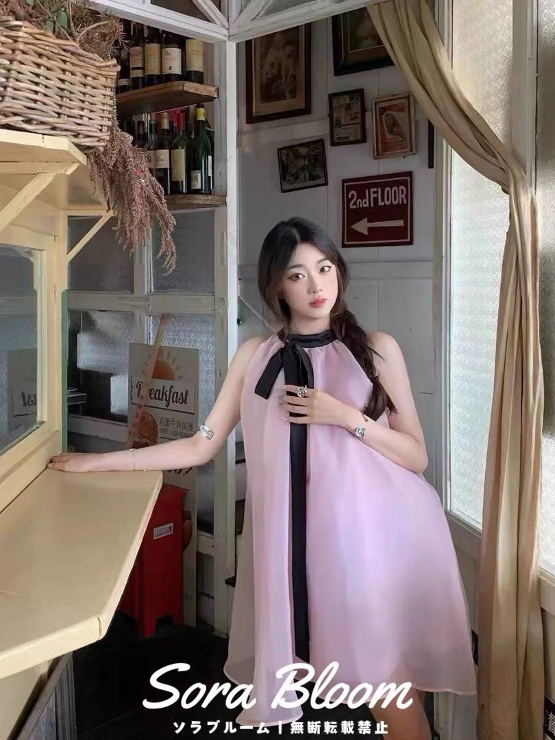 ミニ丈ゆったりAラインシフォンワンピース　サテンリボンがアクセント 新品未使用ミニ丈ゆったりAラインシフォンワンピース サテン