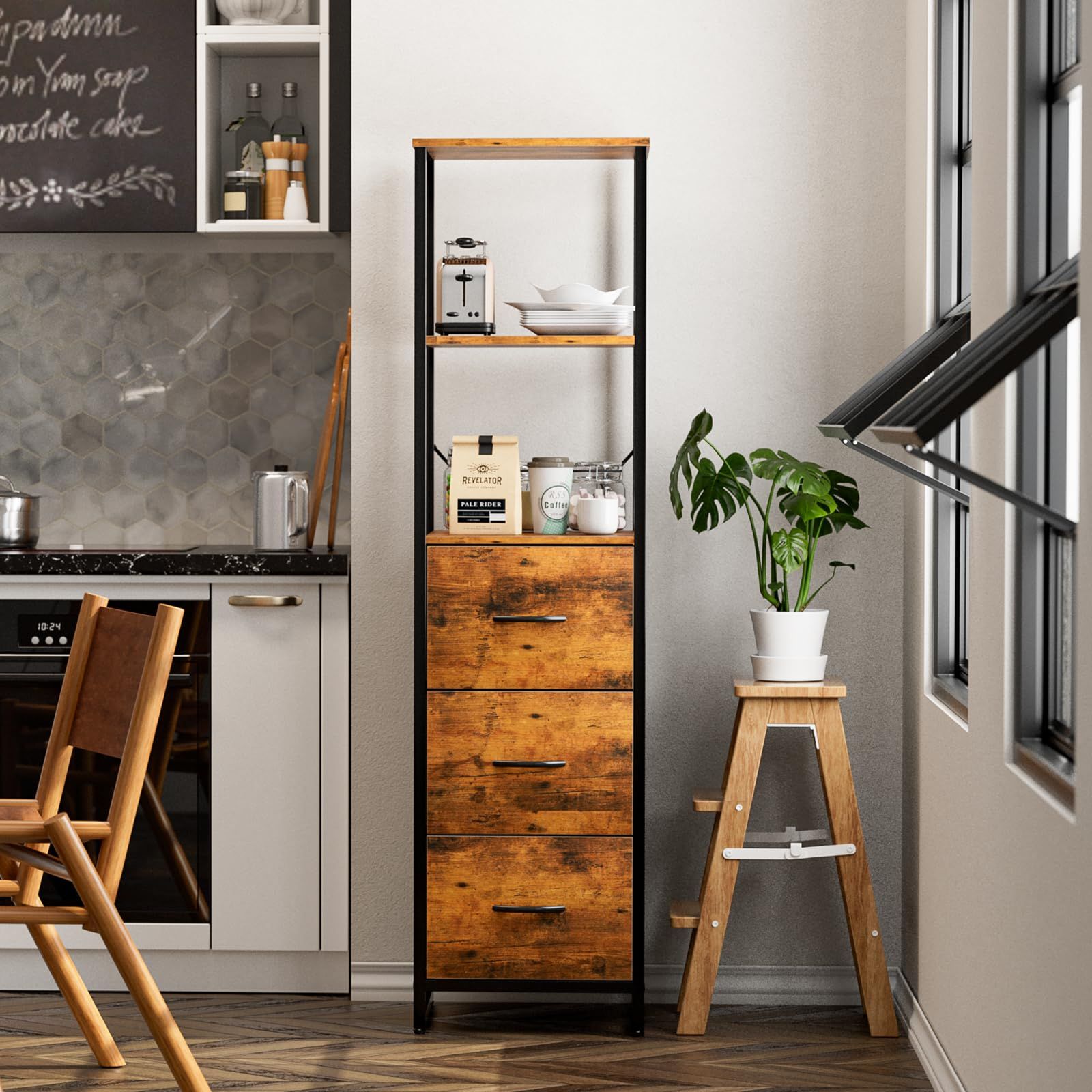 軽量 布製 衣装ケース 洋服タンス ハイチェスト棚付き 衣類収納 大容量 リビング収納 スリム 脱衣所 洗面所 タンス 収納棚 本棚 布製引き出し チェスト収納 整理タンス 寝室収納 一人暮らし5段3杯 IKIFLY 幅44×奥行40×高さ155cm ビ