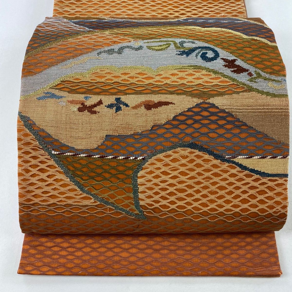 袋帯 美品 名品 華文 寄せ柄 金糸 唐織 灰紫 六通 正絹 中古 袋帯 美品 秀品 華文 花唐草 金銀糸 箔 紫 六通 正絹 中古