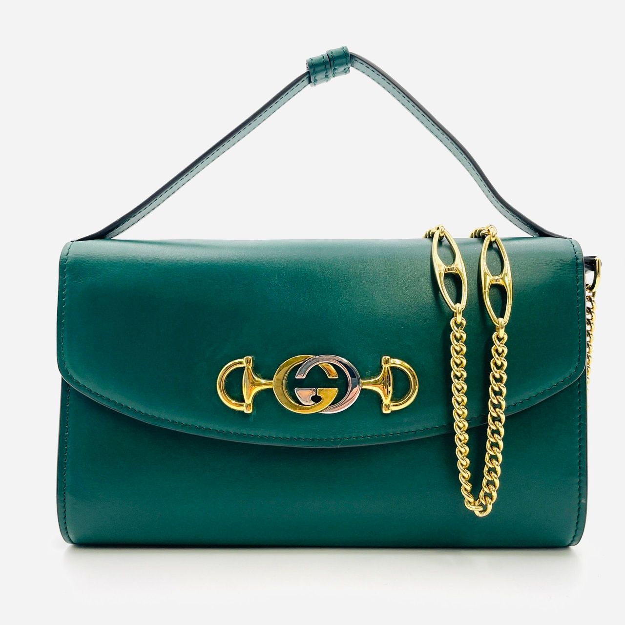 グッチ GUCCI ズゥミ チェーン ショルダーバッグ 緑 レザー グリーン ロゴ 7-4-675