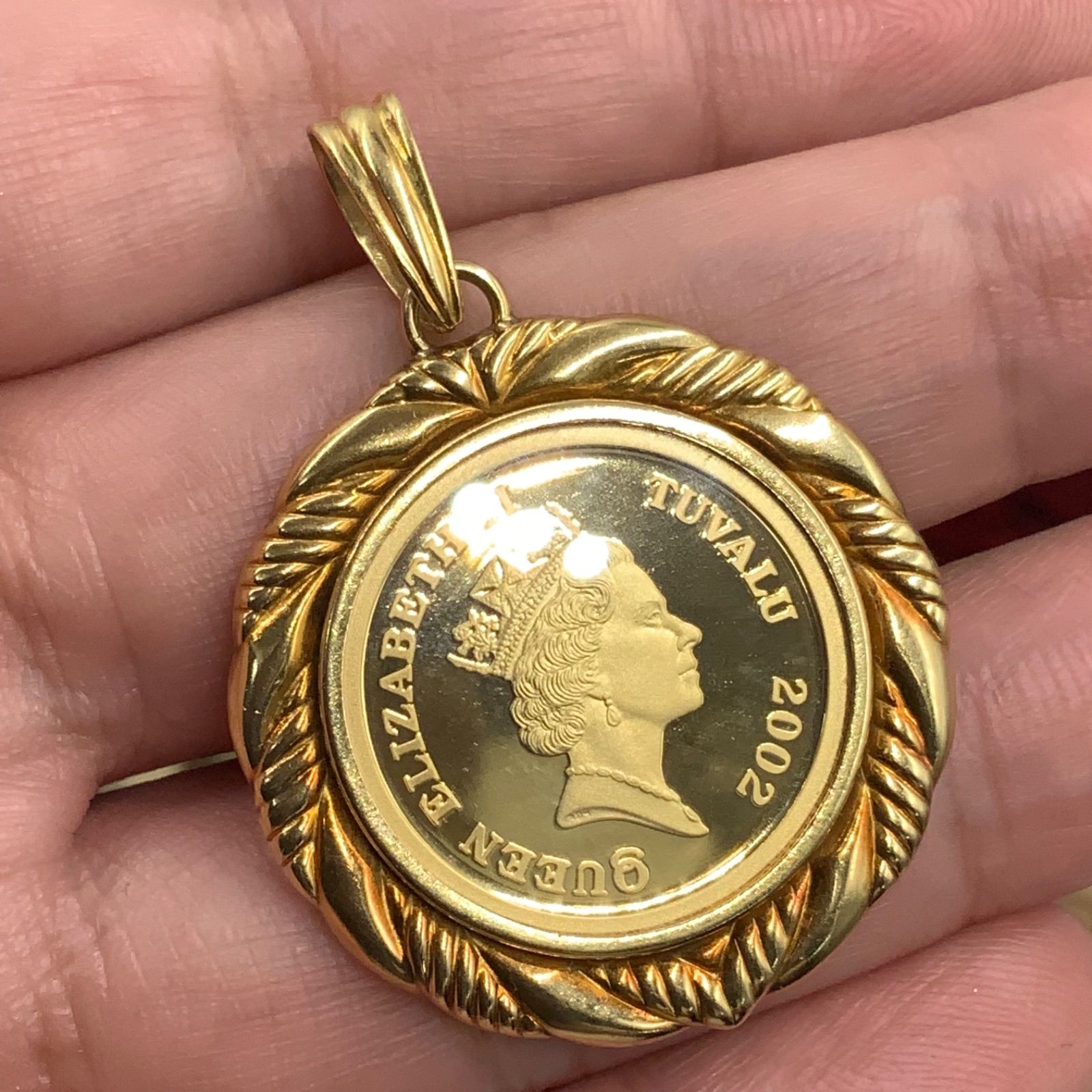 K24 24金 ツバルホース ペンダント 枠K18 ガラス付 12.3g ペンダントトップ K24 ツバルホース コイン