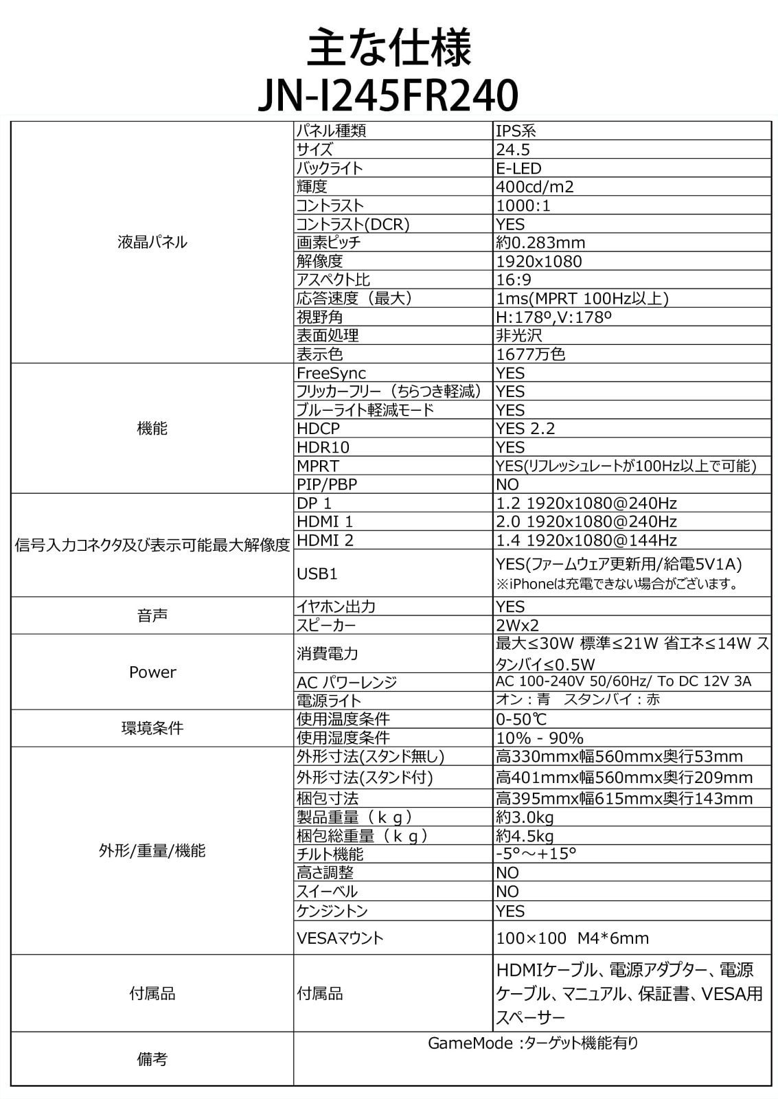 数量限定】JN-I245FR240 フルHDパネル搭載240Hz対応ゲーミングモニター