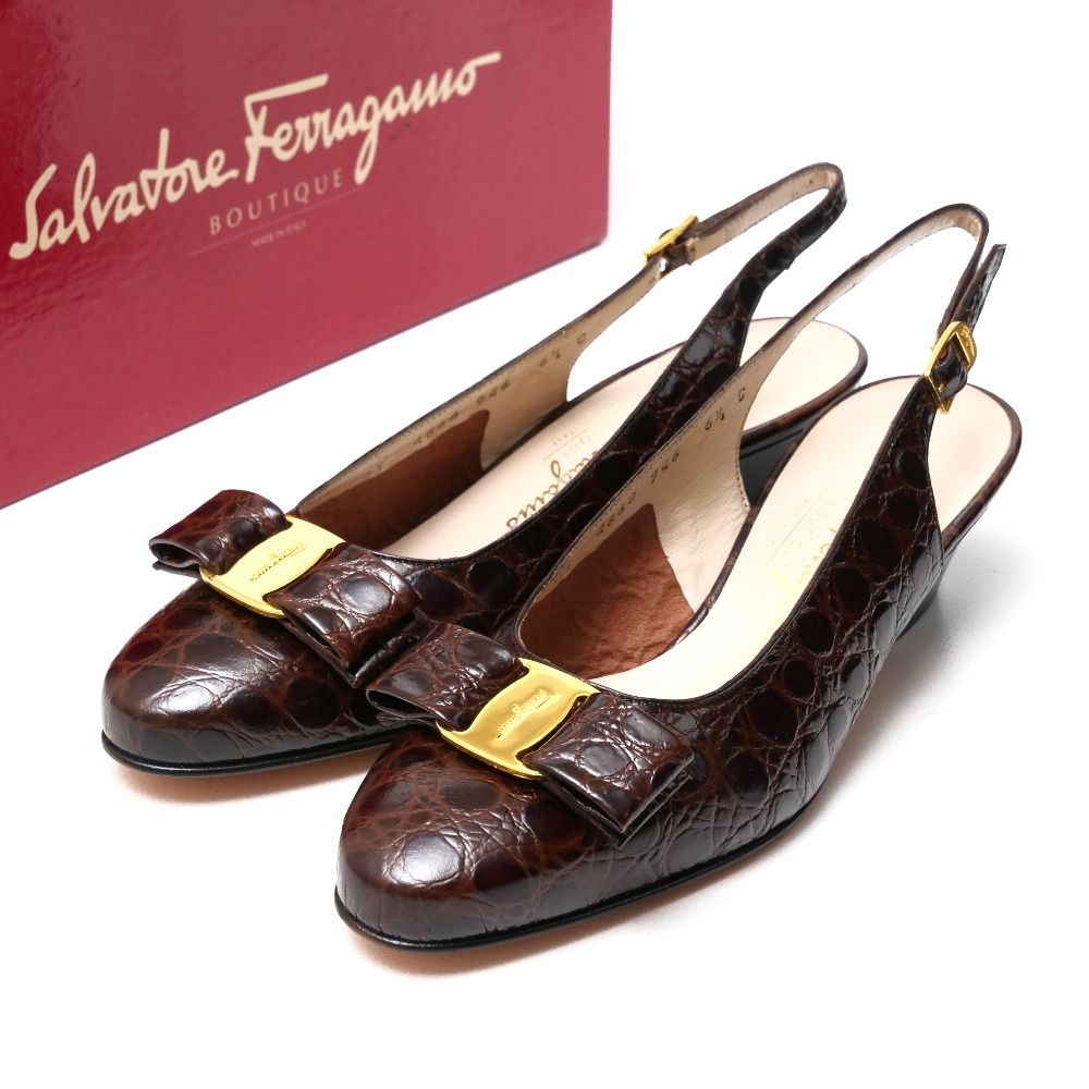 Salvatore Ferragamo サルヴァトーレフェラガモ ヴィンテージ サンダル サイズ6.5C ヴァラリボン クロコ型押しレザー 靴 イタリア製 RA4851