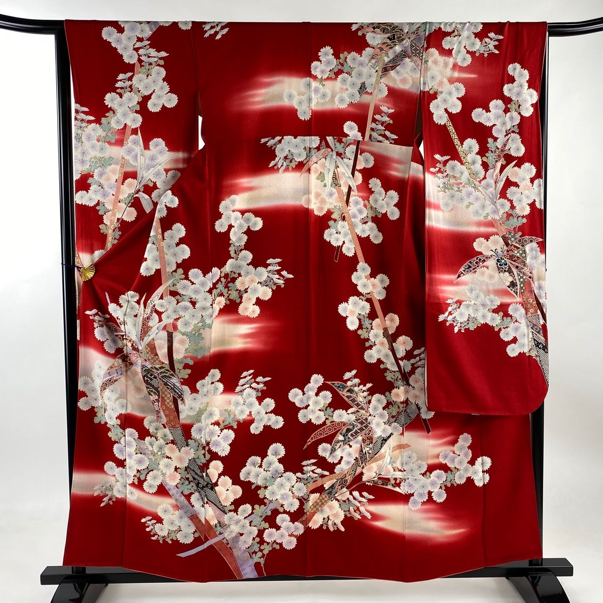 振袖 身丈159.5cm 裄丈65.5cm M 袷 笹 菊 金彩 ぼかし 赤 正絹 美品 秀  