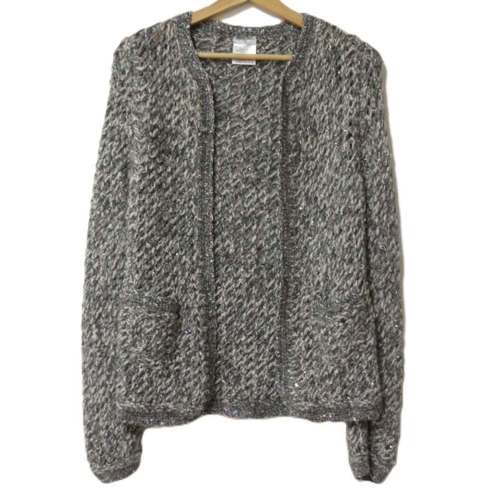 CHANEL シャネル 05A ココマーク スパンコール カシミヤ ニットジャケット カーディガン P27360 サイズ40 グレー レディース 古着