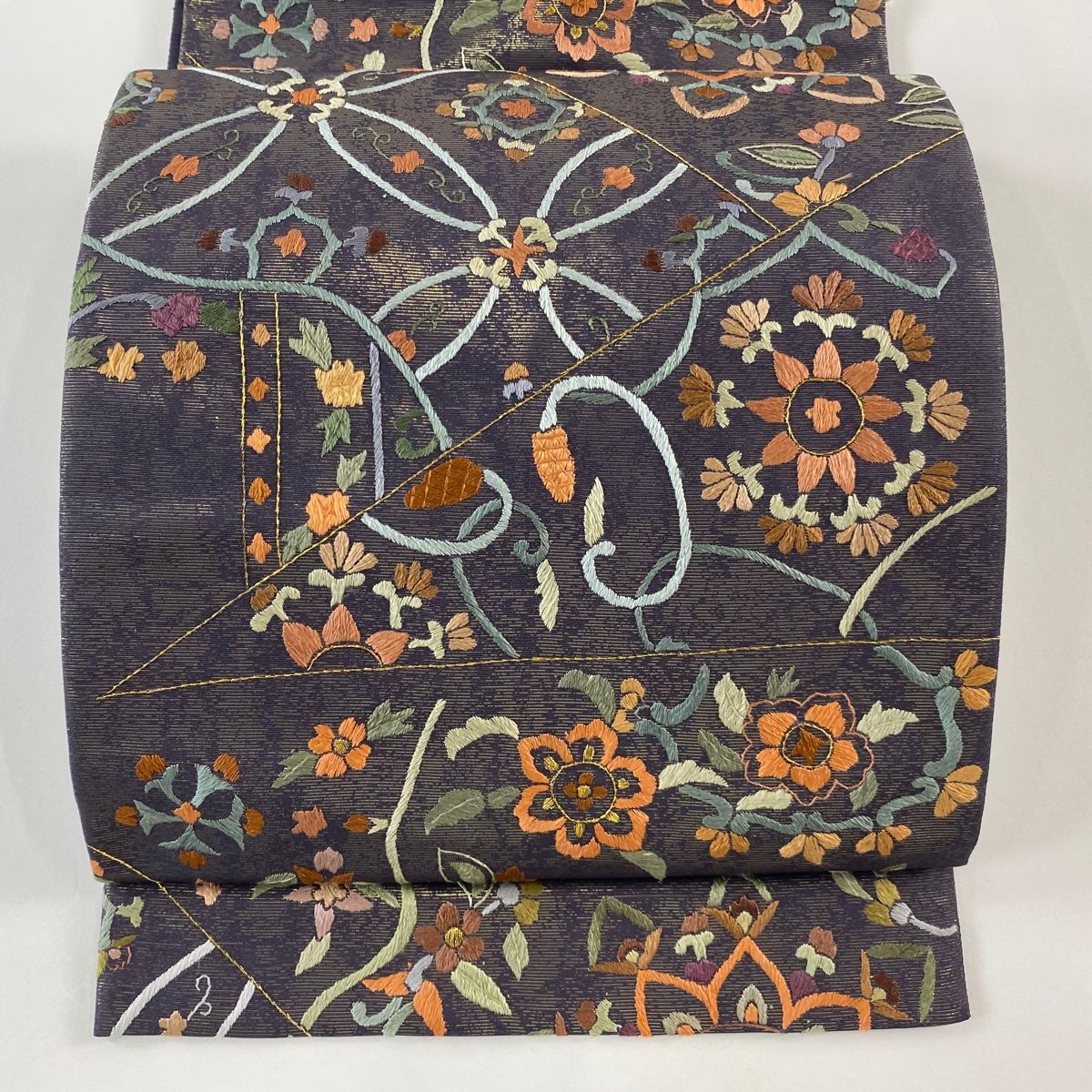 付け帯 秀品 作り帯 華文 草花 刺繍 金糸 濃紫 正絹