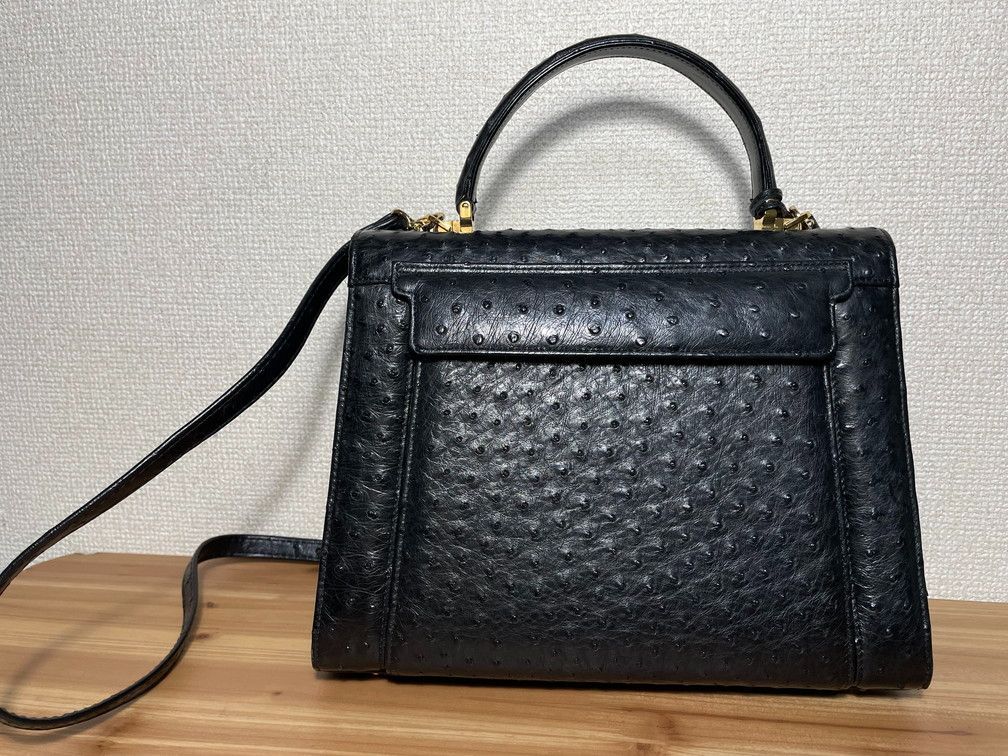 ク*ラ様 high-class オーストリッチレザー ブラック ハンドバッグ　2 ク*ラ様 high-class オーストリッチレザー ブラック