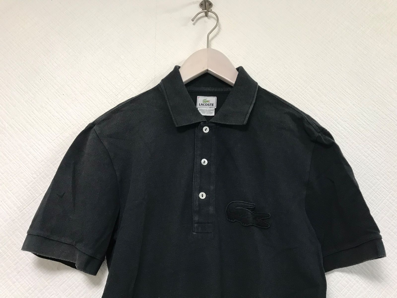 【美品】ラコステ ポロシャツ 半袖 デカワッペン ビッグロゴ 黒 ブラック L 本物ラコステLACOSTEコットンロゴデカビッグワッペン半袖