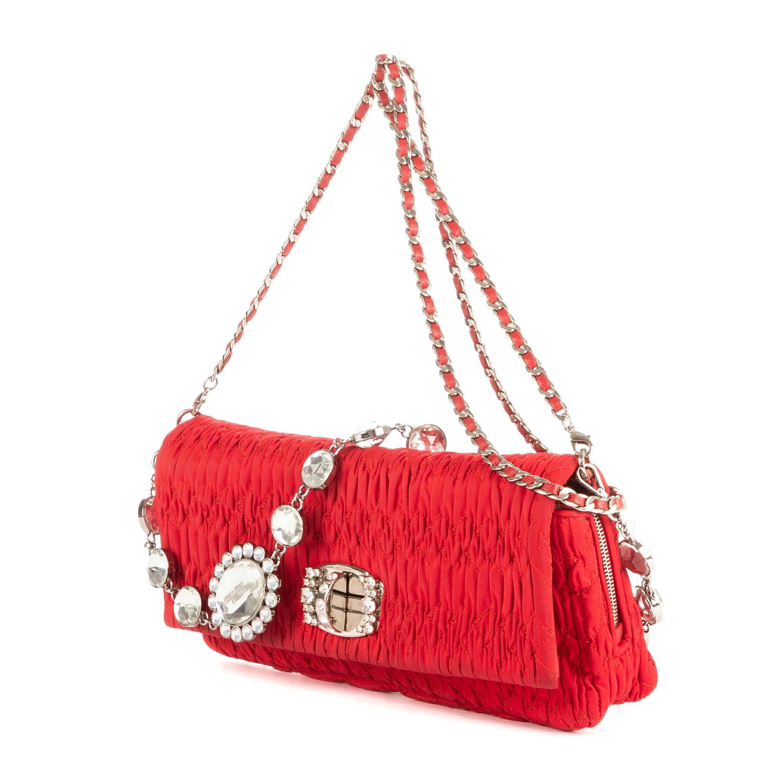 MIU MIU ミュウミュウアイコニッククリスタルクロケ赤マトラッセキャンバスA