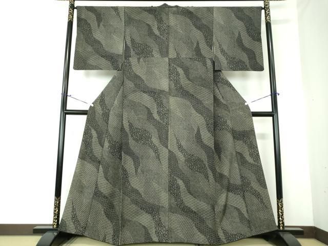 平和屋着物○江戸小紋 京友禅 道長花文 黒地 反端付き 正絹 逸品