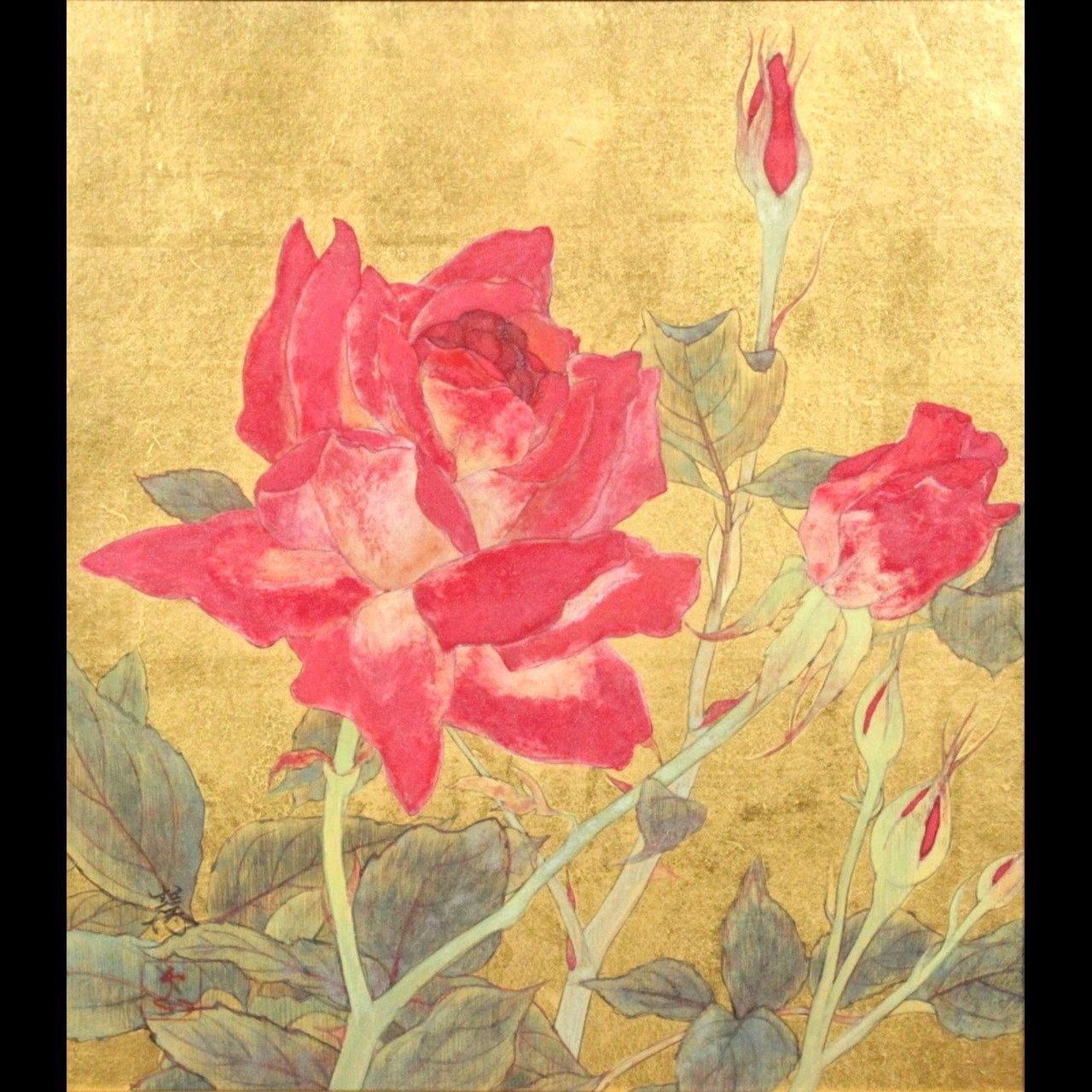 加藤慧 華薫る 肉筆日本画色紙 共シール 薔薇 バラ 額装 唐物 骨董 古美術 楾 R40-OQ