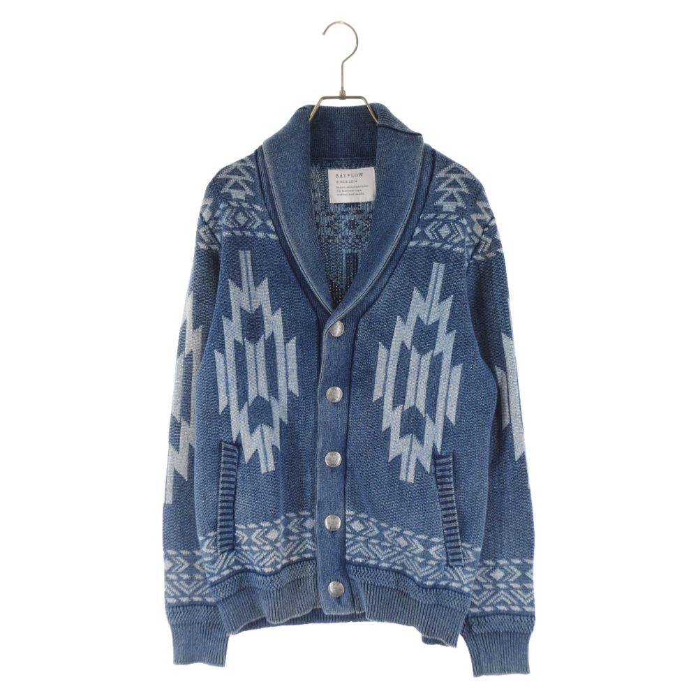 未使用 BAYFLOW ベイフロー ショールカラー ネイティブ インディゴ カーディガン サイズ2 BAYFLOW(ベイフロー) &frasl; BAYFLOW ショールカラーカーディガン ブルー S