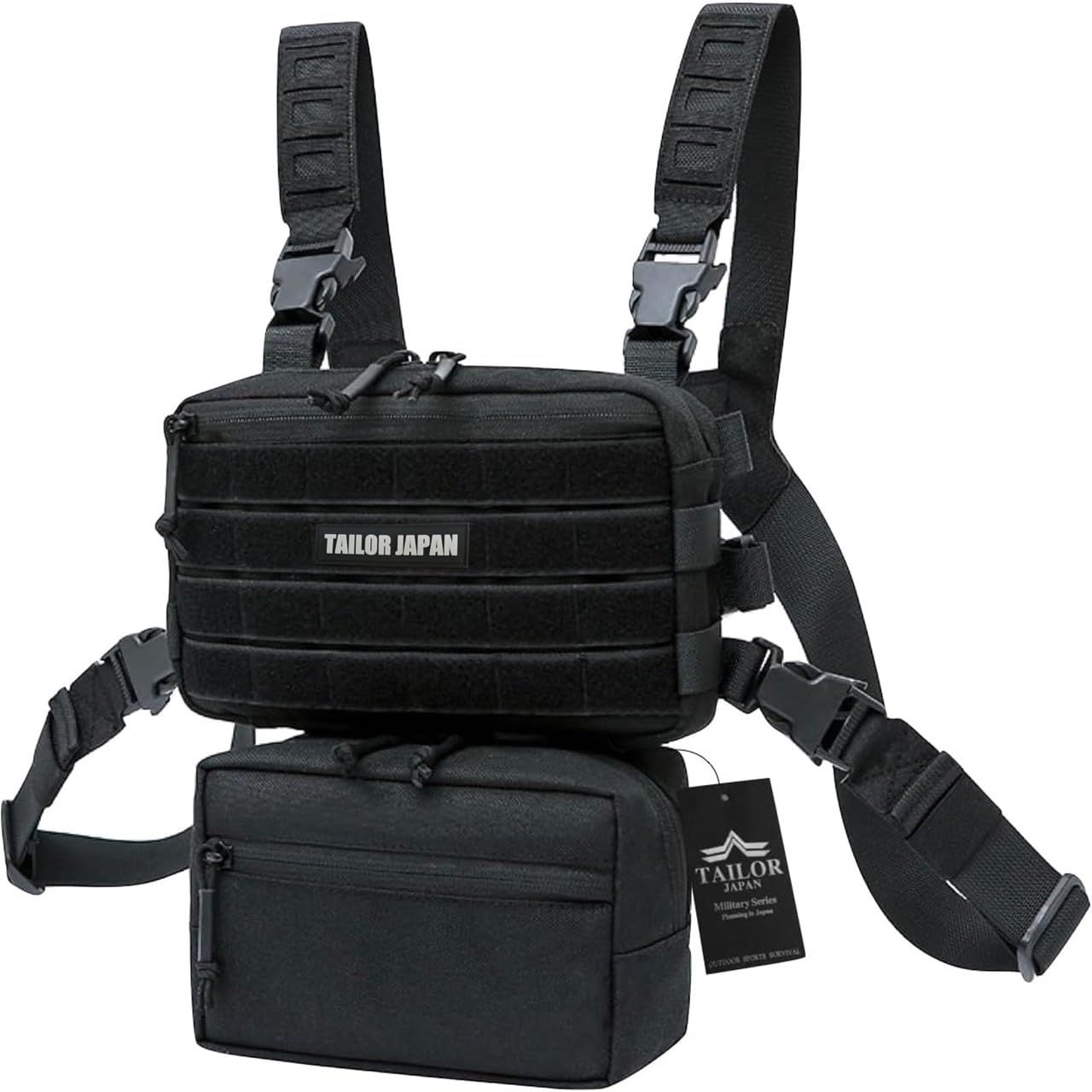 TAILOR JAPAN マイクロチェストリグ チェストリグ タクティカルベスト サバゲーベスト 軽量 ベルクロ モール ハイブリットシステム 1000Ｄナイロン バックパック拡張機能 ウエストサポートベルト付き ブラック ポーチ付き