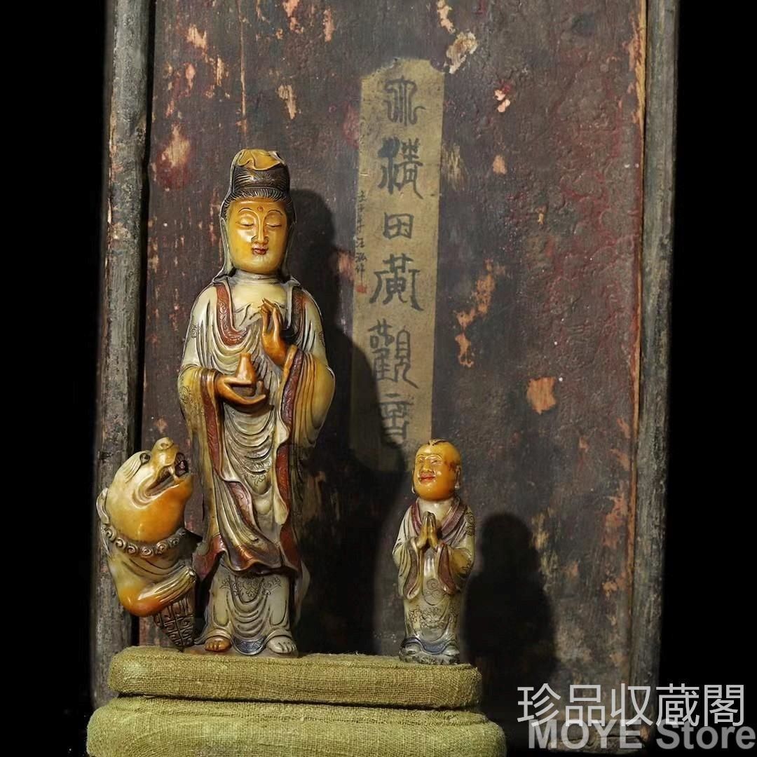 中国古美術 旧蔵寿山石田黄 観音福 立像飾り 汪泓作款 手彫り 聚財置物