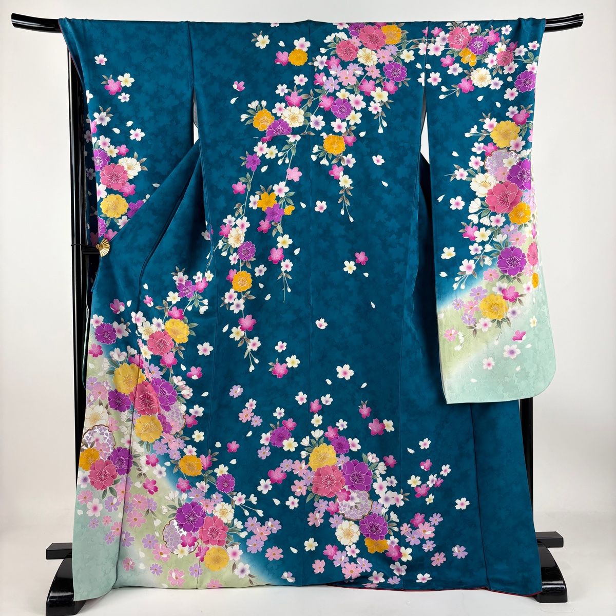 振袖 身丈170.5cm 裄丈71.5cm L 袷 桜 雪輪 銀彩 ぼかし 青緑 正絹 名品