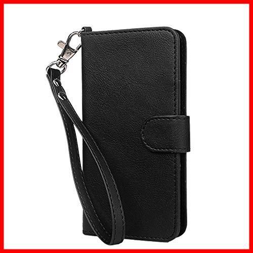 【数量限定】wisers らくらくスマートフォン F-42A / me F-01L 対応 手帳型スマホケース (ブラック) 着脱しやすい (カードホルダー/スタンド機能付き) ストラップ 2種付き (ハンドストラップ/ネック