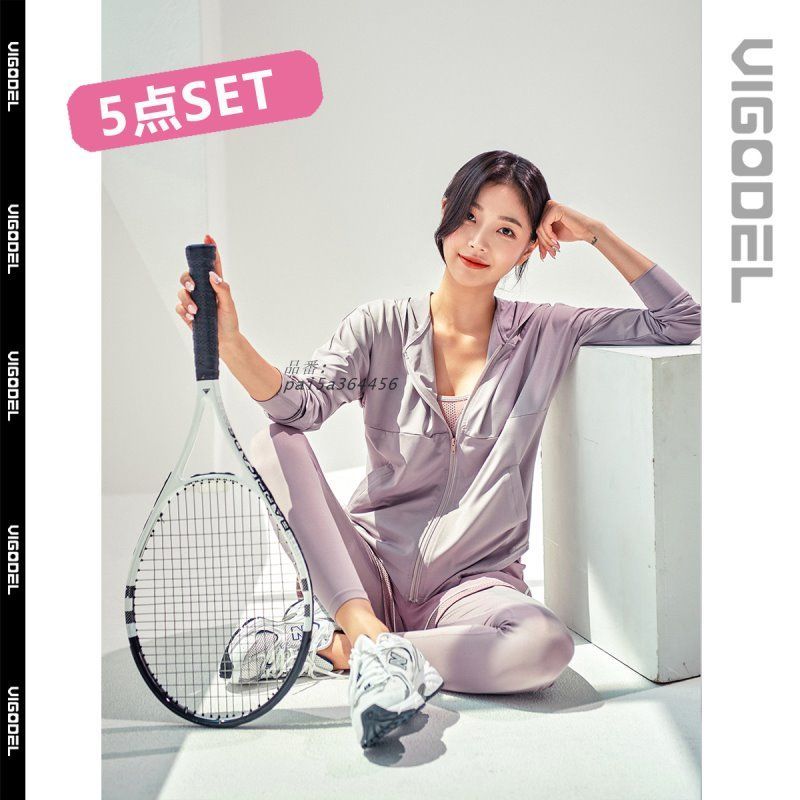 VIGODEL スポーツウェアセット レディース スポーツブラ Tシャツ 運動セット トップス ジム用 5点セット ウェア 伸縮性 パンツ トレーニング 吸汗速乾 pai5a364456