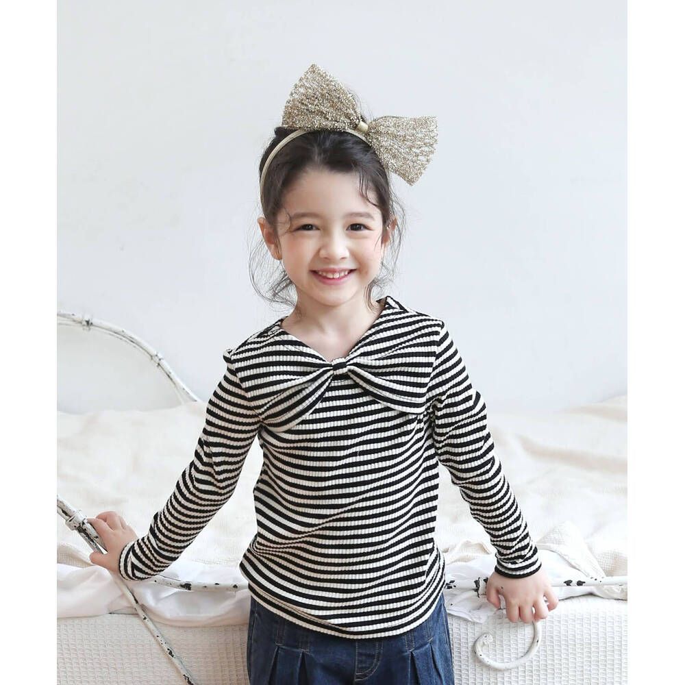 ブラック  110cm  リウリボンボーダーTシャツ 女の子 キッズ 長袖 Tシャツ ロンT 53062202 長袖Tシャツ カットソー リボン ボーダー おしゃれ かわいい オシャレ 可愛い カジュアル 秋 冬 秋冬 こど