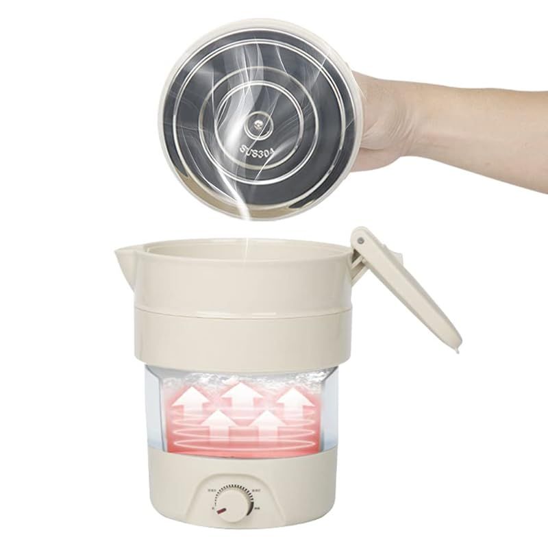 折りたためる電気ケトル 100℃ 800ml 海外で使用 携帯ポット 電気ポット 湯沸かし器 コンパクト 加熱?保温 湯沸し器 304ステンレスとシリコン 空焚き防し機能 沸騰時自動電源OFF 2～3人用 ベージュ 1