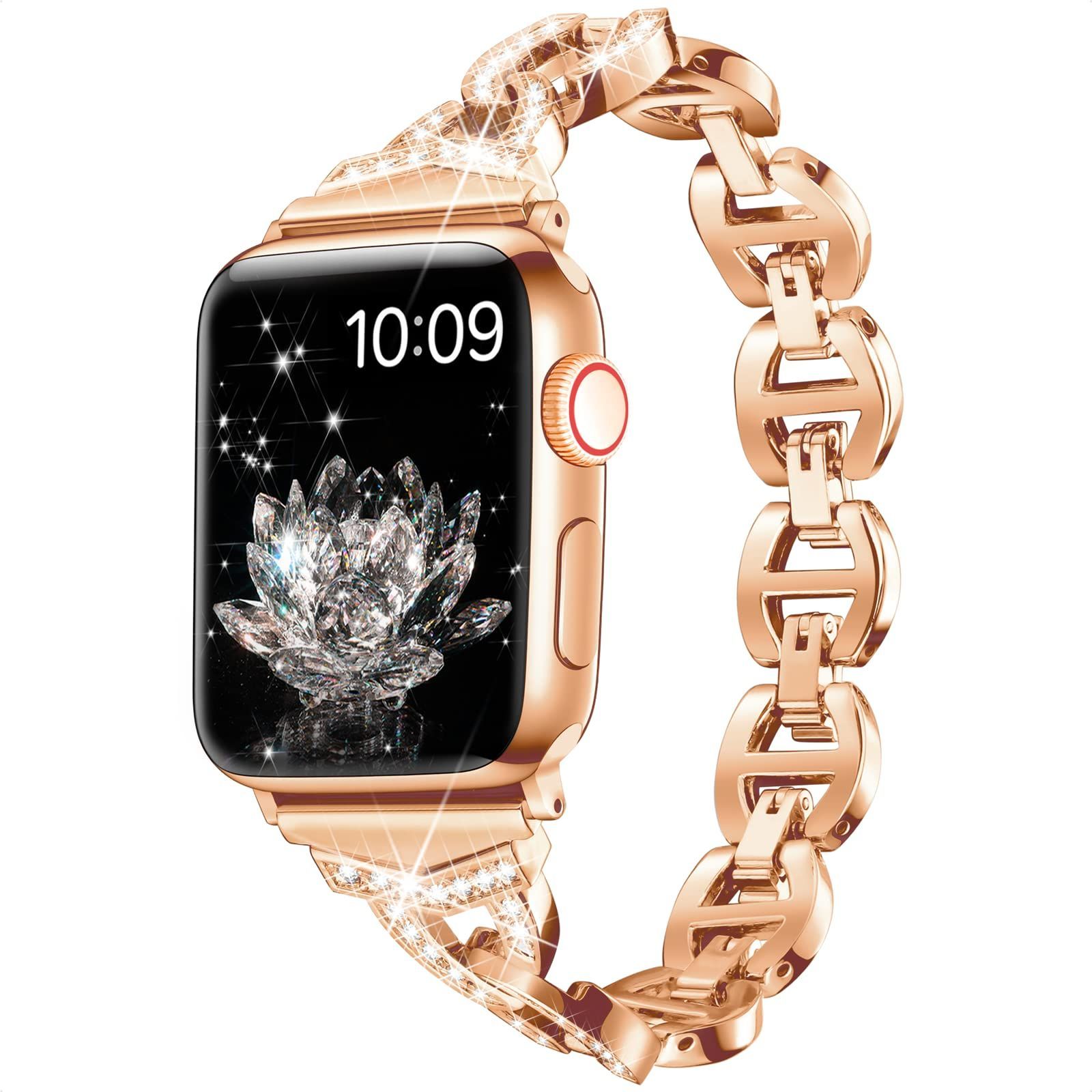 [Daturus] 互換性があります Apple Watch バンド ダイヤモンドラインストーン ステンレス アップルウォッチ ベルト Apple Watch 9/8/7/6/5/4/3/2/1、SEに対応 アップルウォッチバンド（ローズゴールド、38mm
