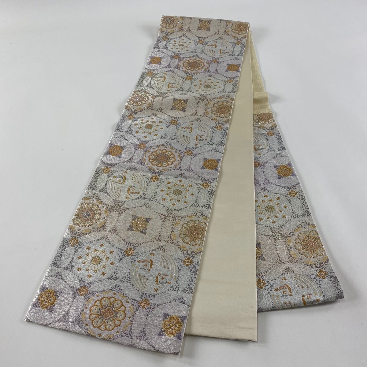 袋帯 美品 名品 華文 鳥 金銀糸 箔 青灰色 六通 正絹 【中古】 【公式 