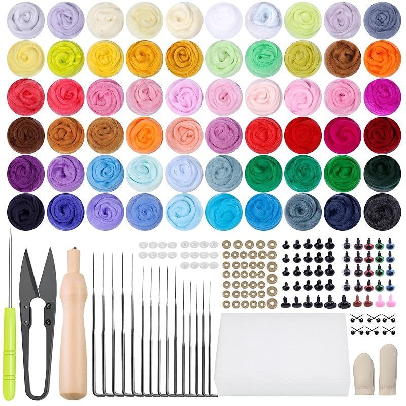 羊毛フェルト、ニードルフェルト キット 初心者羊毛フェルト セット、羊毛フェルト スターターキット、60色の羊毛?、きウールフェルトツールキットときウールフ 羊毛フェルト ニードルフォームマット、DIYフェルト用ニードルフェルト用品 1