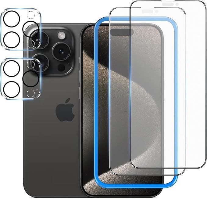 【アンチグレア】 iPhone15 Pro ガラスフィルム さらさら 【2枚】＋ iPhone15 Pro カメラフィルム 【2枚】【ガイド枠付き】 液晶保護 フィルム ゲーム用 タッチ感 強化ガラス サラサラ アイフォン 15プロ （6.