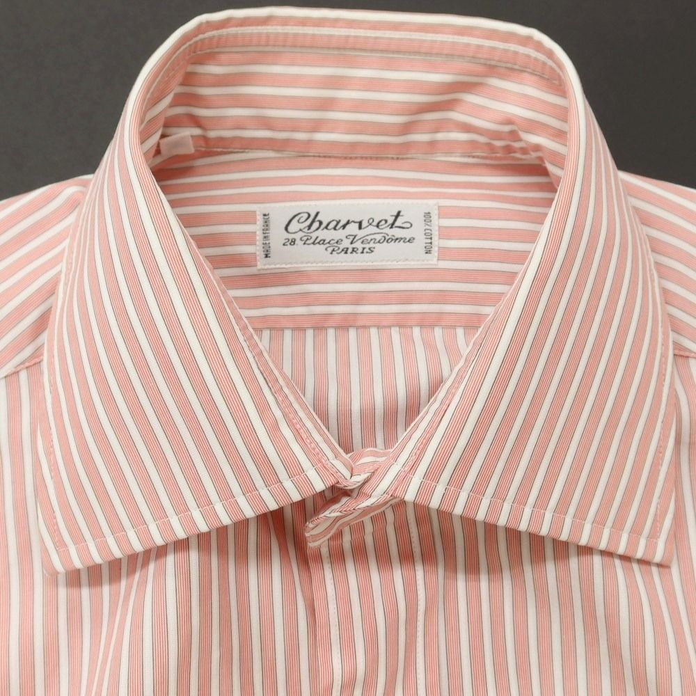 中古】シャルベ CHARVET コットン ストライプ ダブルカフス セミワイド