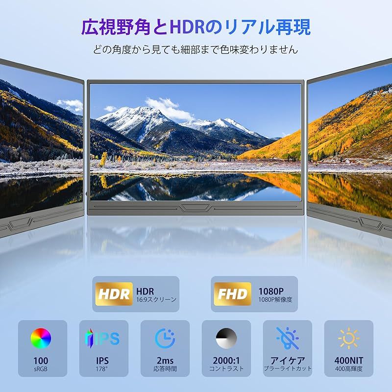 モバイルモニター 15.6インチ ディスプレイ ポータブルモニター ゲームモニター1080P ゲーミングモニター スイッチ用 1920x1080 FHD モニター 持ち運び IPSパネル 薄型 軽量 スピーカー内蔵 標準HD|USB-A|Type-C|mini