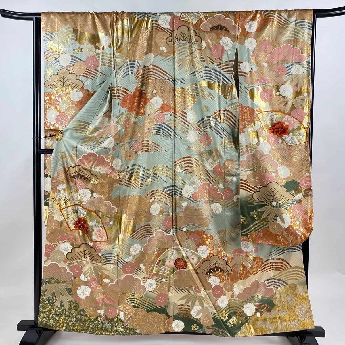 振袖 身丈160.5cm 裄丈66cm M 袷 扇面 松竹梅 金糸 金銀彩 灰緑 正絹 秀品