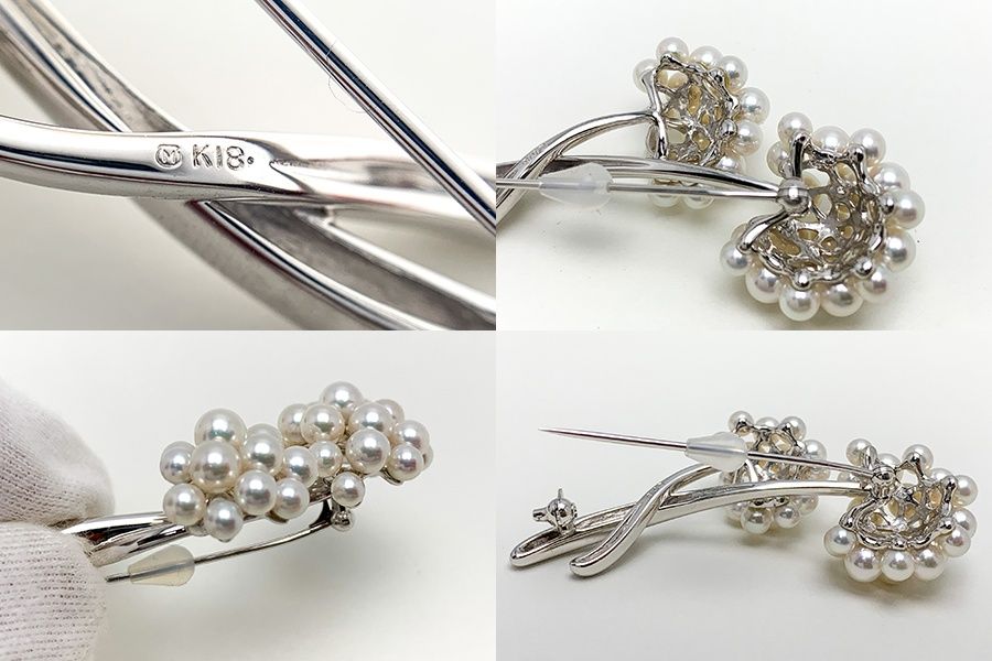 美品)　K18wgミキモト真珠 ブローチ MIKIMOTO ミキモト K18WG 18金ホワイトゴールド 真珠 アコヤベビー