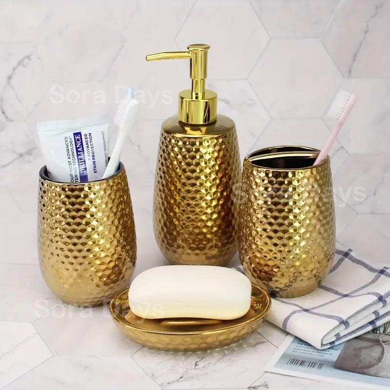  ソープディッシュ ソープホルダー 洗面用具 4点セット ゴールド おしゃれ モダン エレガント インテリア 北欧 石鹸置き ディスペンサー 歯ブラシスタンド コップ メタリック 12 8 5 2 cm ソープディッシュ 洗面所用品