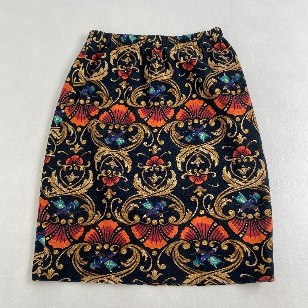 エルメス スカート ニット 総柄 ウエストゴム XS HERMES バロック柄 コットン ブラック