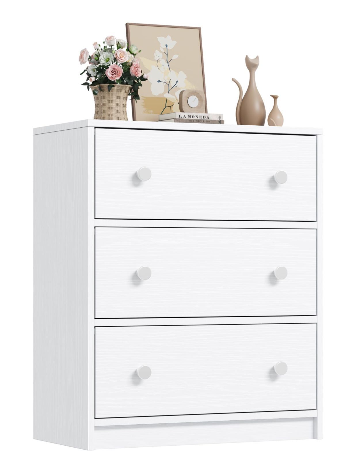 ホワイト_3引き出し Nicehill チェスト タンス収納 木製フレーム＆布製引き出し 金属製取っ手付き 衣類収納 組立簡単 安定感 3段 幅58㎝ x 奥行き30㎝ x 高さ69.5㎝ ホワイト