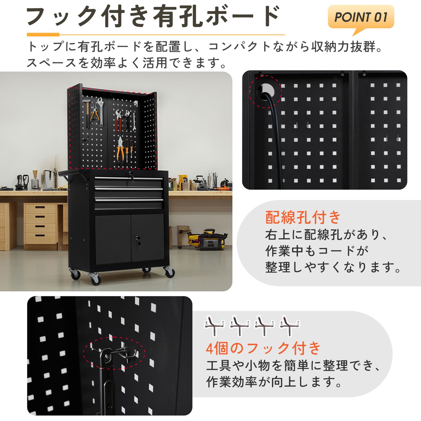 TRUSCO ツールワゴン ラビットワゴン 700X450XH740 3段 仕切板2段付 ハンドル付 ゴム車輪 ホワイト ( RBW-773S2H W ) ＴＲＵＳＣＯ ツールワゴン ラビットワゴン ７００Ｘ４５０ＸＨ７４０