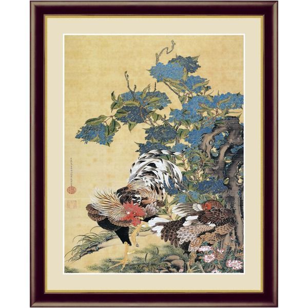 伊藤若冲 額装品 茶 〔 F6号 紅葉小禽図 〕 若冲 鳳凰 旭日 動植