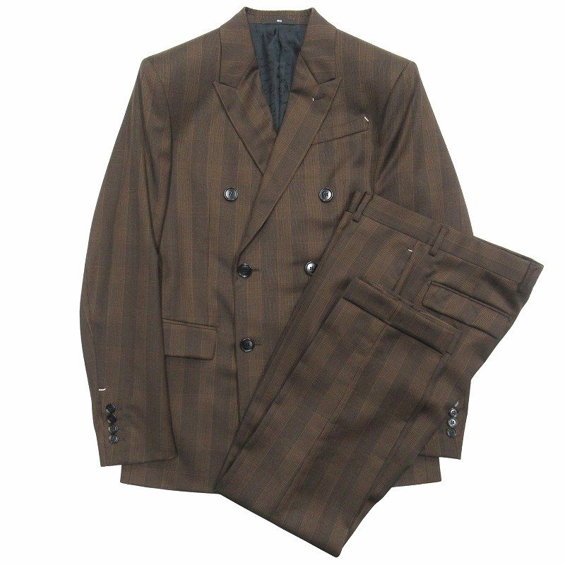 ベルルッティ Berluti グレンチェック ウール スーツ セットアップ ダブルブレスト カリグラフィー裏地 テーラード ジャケット スラックス パンツ R44|46 茶 ブラウン メンズ