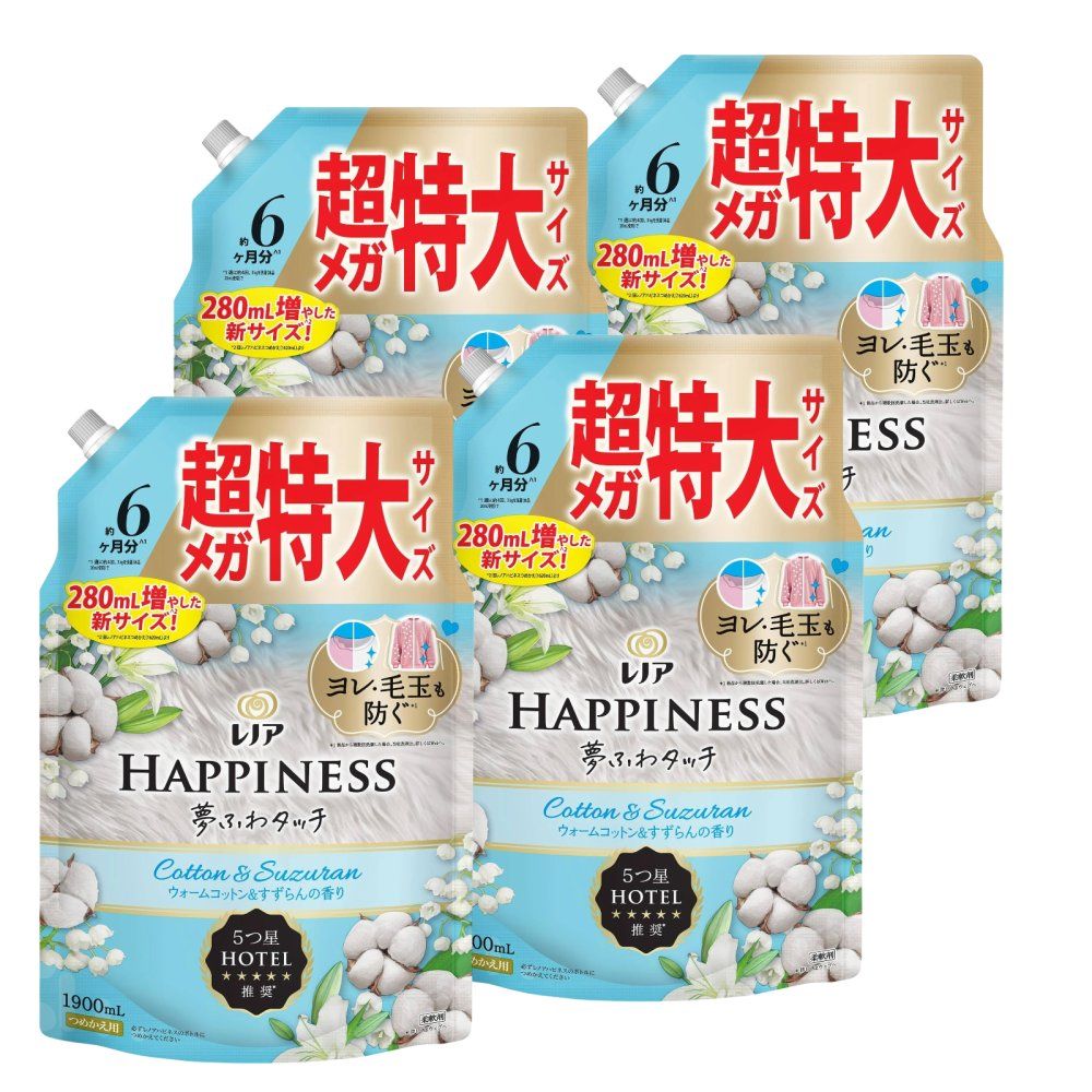 まとめ買い レノア ハピネス 夢ふわタッチ ウォームコットン-すずらんの香り 柔軟剤 詰め替え 大容量 1900ml×4個
