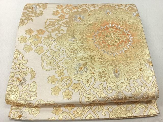 ZY-594 袋帯 花車 四季折々 牡丹 菊 藤 金糸 六通 高級 逸品 平和屋着物◎六通柄袋帯 正倉院花文 金銀糸 正絹 逸品