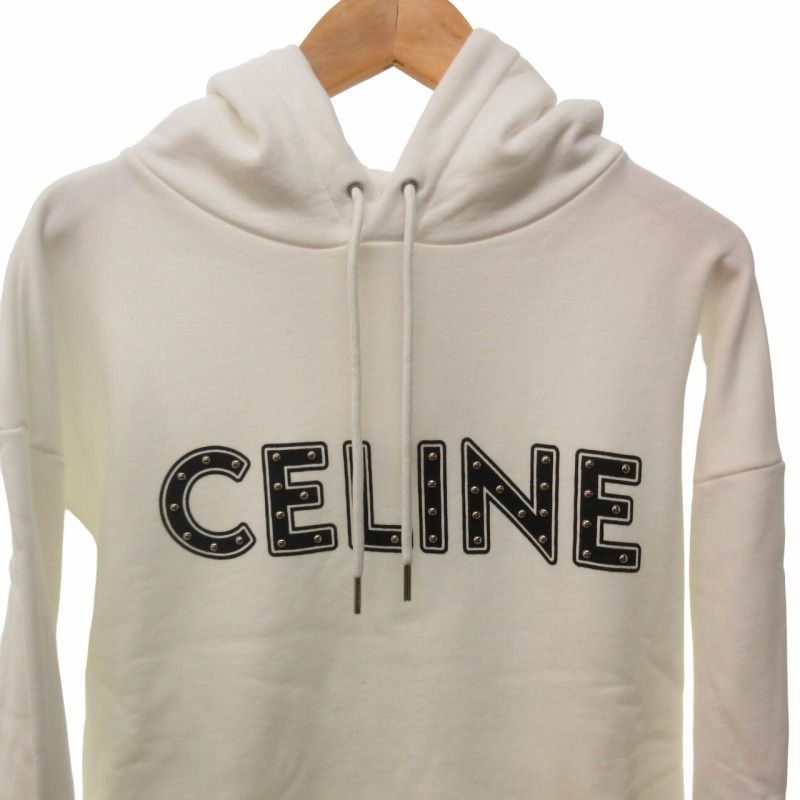 セリーヌ CELINE バイ エディ スリマン by Hedi Slimane 美品 21SS スタッズロゴ パーカー フーディ プルオーバー 白  ホワイト XSサイズ 2Y323052H ☆AA★ 0908