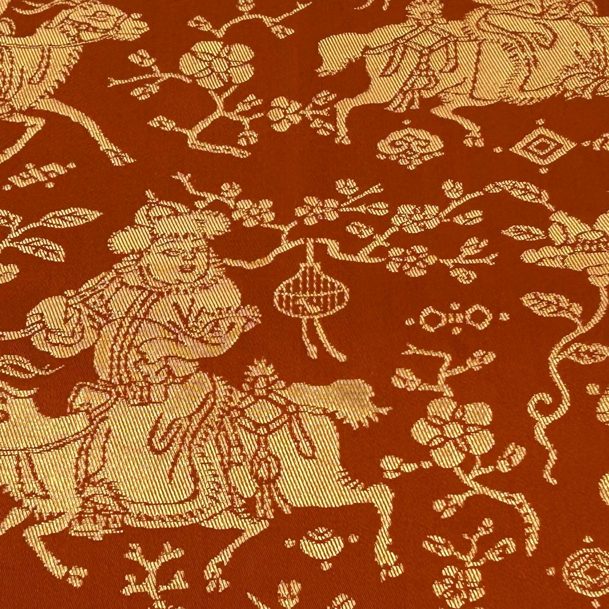 袋帯 龍村晋 落款 胡服遊行錦 人馬 枝花 箔 赤茶 正絹 袋帯 美品 逸品 龍村晋 落款 胡服遊行錦 草花 箔 赤茶 全通 正絹